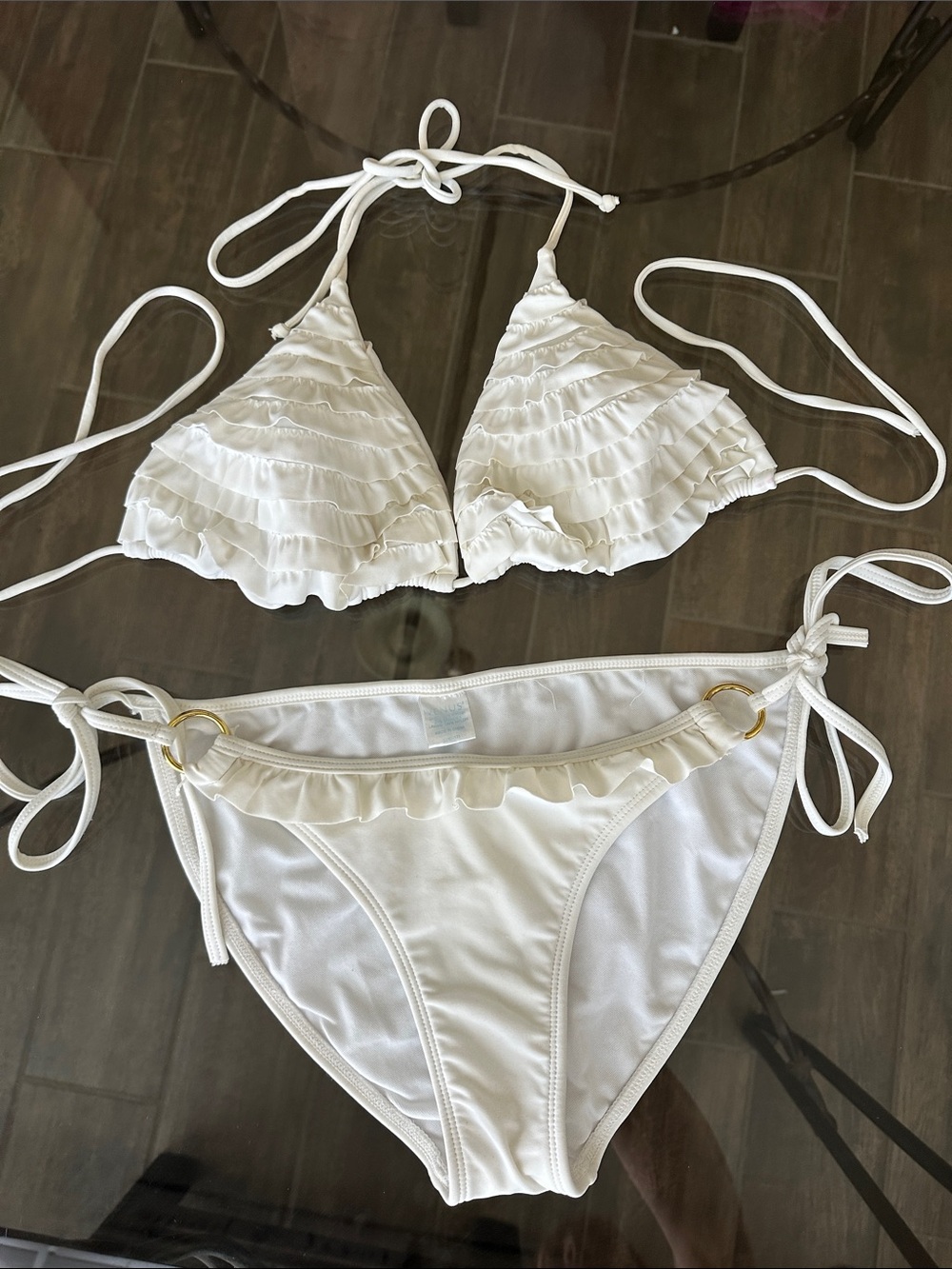 VENUS White Ruffle Triangle Bikini Set | Gold Ring Side Ties | Size 12/L